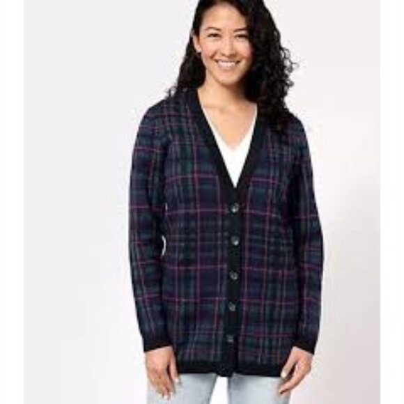 NWT Isaac Mizrahi Live Womens Plus Size 5X Plaid Button-Up Cardigan Sweater NEW - Picture 1 of 8
